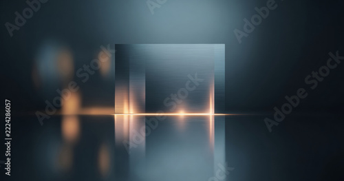 Abstract glowing glass cube on reflective surface