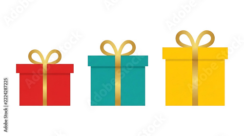 Three colorful gift boxes with golden ribbons on a transparent background