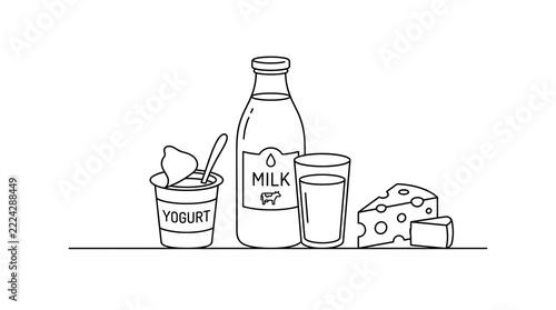 Dairy Products Line Illustration Featuring Milk Cheese Yogurt Collection