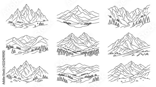 Collection of Mountain Landscape Silhouettes Vector Line Art
