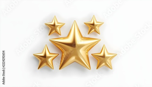 Set of glossy gold 3D stars of different sizes isolated on white background, Christmas design elements