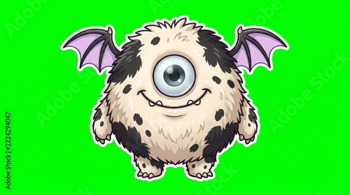A spotted cyclops bat monster stands with one big eye, fuzzy pale fur and little purple bat wings on a green backdrop. Concept for cute Halloween greetings and party invitations. Generative AI.