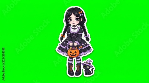A gothic girl with pumpkin bag stands in a black dress with dark braids beside a tiny cat on a bright green chroma key background. Concept for Halloween decals and digital cards. Generative AI.