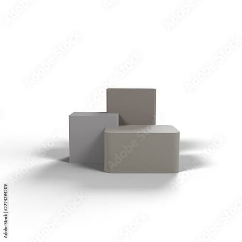 Three geometric shapes in soft neutral tones arranged artistically on a white background.