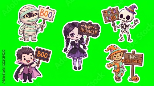 A halloween greeting character set arranges costumed characters holding BOO and holiday message boards against green. Concept for cute Halloween greetings and party invitations. Generative AI.