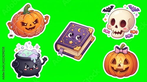 A spooky pumpkin object stickers features smiling pumpkins, spellbook, skull and bubbling cauldron on a green backdrop. Concept for digital greeting cards and festive promotions. Generative AI.