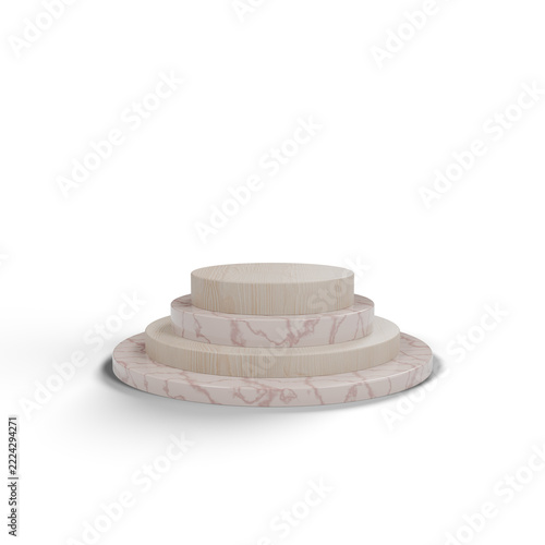 Three stacked circular pedestals with a marble texture against a white background.