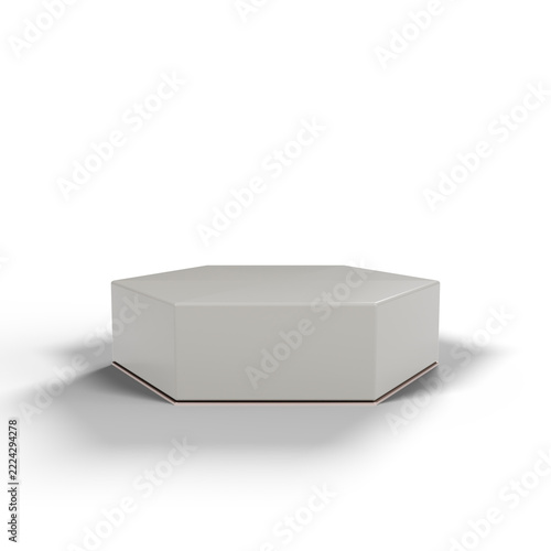 Hexagonal white pedestal with clean lines suitable for showcasing products or items.