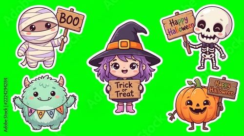 A cute halloween sign characters includes mummy, witch, skeleton, monster and pumpkin carrying messages against green. Concept for cute Halloween greetings and party invitations. Generative AI.
