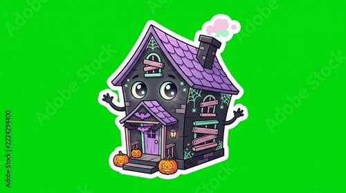 A smiling haunted house character has purple roof tiles, bright eyes, chimney smoke and tiny pumpkins on a green backdrop. Concept for Halloween sticker packs and greeting cards. Generative AI.