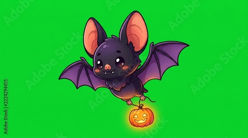A flying bat carrying lantern hovers with outstretched wings and a small orange jack lantern on a bright green chroma key background. Concept for festive stickers and promotions. Generative AI.