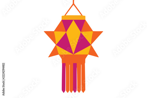 Diwali akash kandil star lantern in orange, yellow and pink, traditional hanging paper lantern for Indian festival of lights, isolated on white