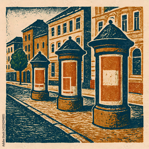 A line of classic advertising pillars stands on a cobblestone sidewalk along a European city street in a textured vintage linocut print style.
