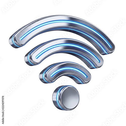 Metallic chrome wifi symbol with glowing blue neon light isolated on white background, 3d render   