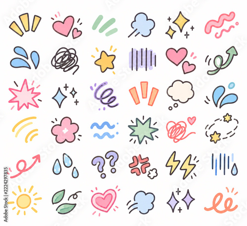 Cute comic effects and manga emotion symbols doodle icon set for sticker sheet Kawaii anime emotion symbols and comic sound effect doodle set for graphic design. Generative AI