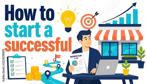 How to Start a Successful Small Business Vector Illustration Concept with Businessman, Laptop, Storefront, Chart, and Idea Bulb