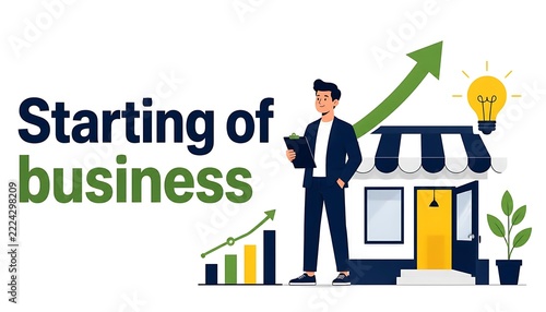 Starting Of Business Cover Template and Background Illustration with Businessman Clipboard, Storefront, Idea Bulb, and Growth Chart
