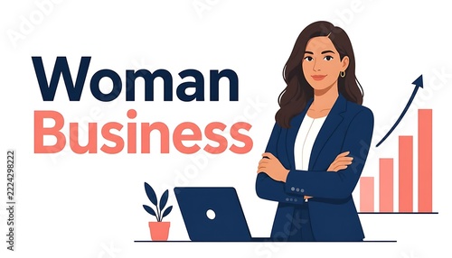 Woman Business Cover Template and Background Illustration with Confident Businesswoman, Laptop, Plant, Growth Chart, and Arrow