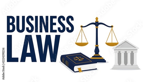 Business Law Cover Template and Background Illustration with Scale of Justice, Law Book, and Courthouse Building