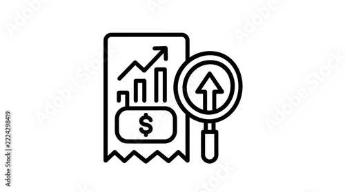 Business growth analytics, financial report, chart, and magnifying glass icon