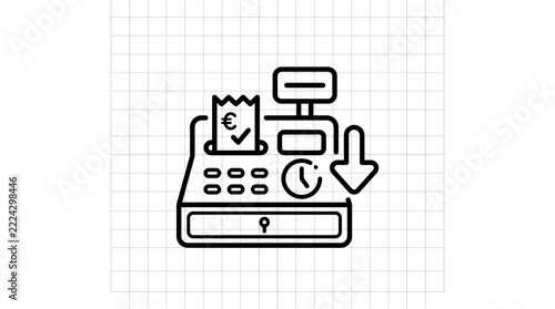 Cash Register Icon with Euro Symbol, Receipt, Timer, and Down Arrow