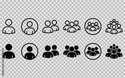 Set of modern flat icons showing single and multiple people in outline and filled styles Vector