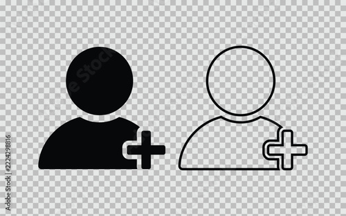 Black and white silhouette icons of people with plus sign buttons Vector