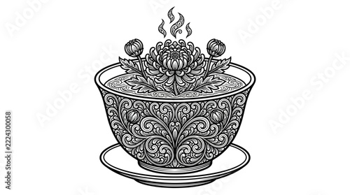 The Image Is A Black And White Line Drawing Of A Teacup And Saucer The Cup
