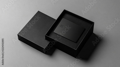 Sleek black box with a smaller insert sits open on a gray surface, conveying luxury and product packaging concept