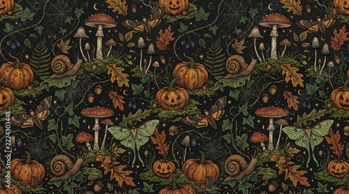seamless pattern with flowers and pumpkin