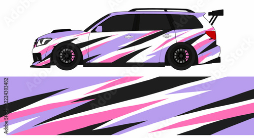 Stylized purple and pink racing car with graphic livery on a white background for dynamic transport artwork.