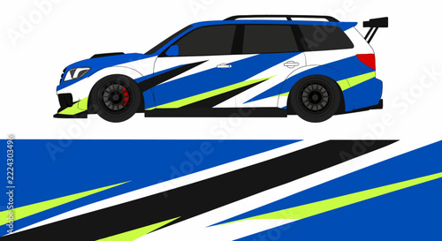Vibrant race car with dynamic blue, yellow, and black livery design.