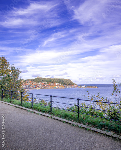A seaside town with a castle n a hill and a path in the foreground.