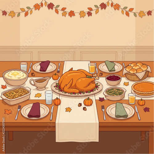 Traditional Thanksgiving Dinner Table with Roasted Turkey and Classic Holiday Side Dishes