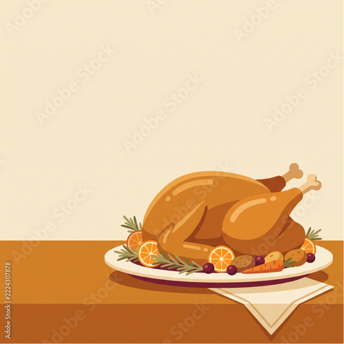 Golden Roasted Turkey on Serving Platter for Thanksgiving Restaurant and Supermarket Advertising