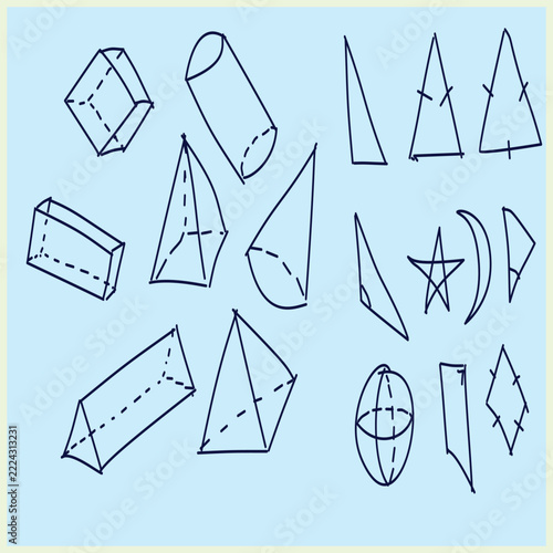 Minimalist line art doodle graphic illustration set of 3D geometric shapes including prism, pyramid, cylinder, cone, and 2D math symbols. Ideal for education UI design.
