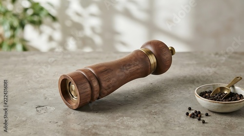 Wooden pepper grinder lying on a concrete surface with a small bowl of black peppercorns nearby