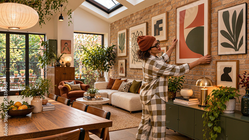 Woman Decorating Eclectic Living Room With Framed Wall Art