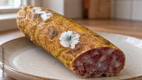 Mouldy salami sausage on a plate, close-up photograph of fungal food spoilage in a domestic kitchen setting