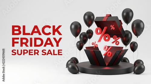 Black friday super sale with percent signs and gift box for advertising.