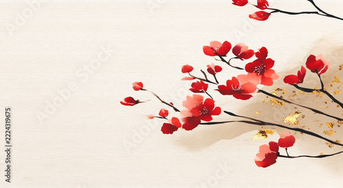 赤い梅の花と金箔をあしらった上品な和風の背景