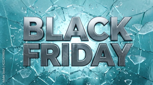Black friday text with metallic font on shattered ice blue glass surface.