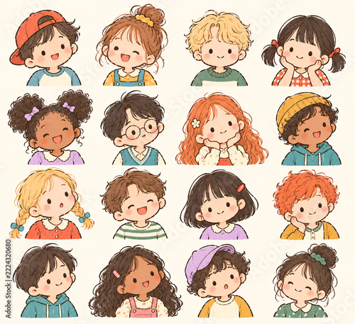 Cute multicultural kids portraits set with diverse ethnic children avatars doodle illustration Kawaii diverse kids faces collection with happy facial expressions and hairstyles. Generative AI
