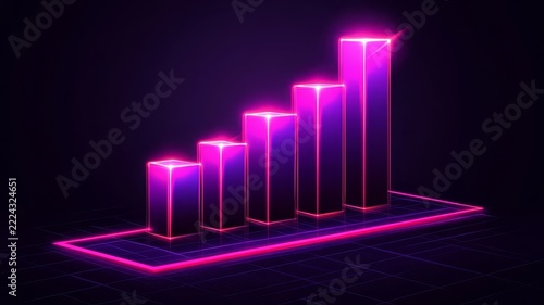 Neon glow bar chart visualization representing financial growth metrics and data trends with vibrant purple and pink lighting effects