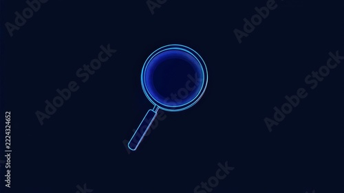 Neon blue magnifying glass icon isolated on minimalist dark background for search interface design and data discovery concepts
