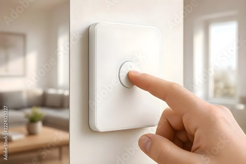 Close Up Human Hand Pressing Smart White Modern Switch Button Mounted on Wall inside Minimalist Living Room Interior
