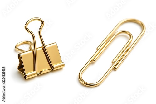Luxury Gold Binder Clip and Golden Paper Clip Isolated on White Background Premium Office Stationery Set
