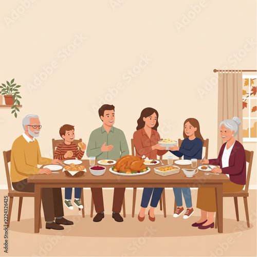 Multigenerational Family Sharing Thanksgiving Dinner Around a Festive Holiday Table Together