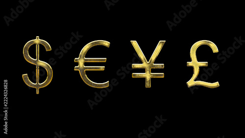 Currency money gold sign on black background cut out isolated set