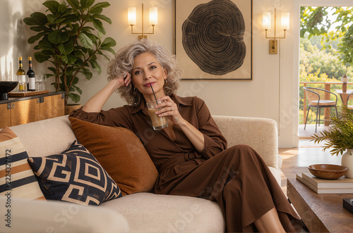 Mature Woman Relaxing on Sofa While Drinking Iced Coffee